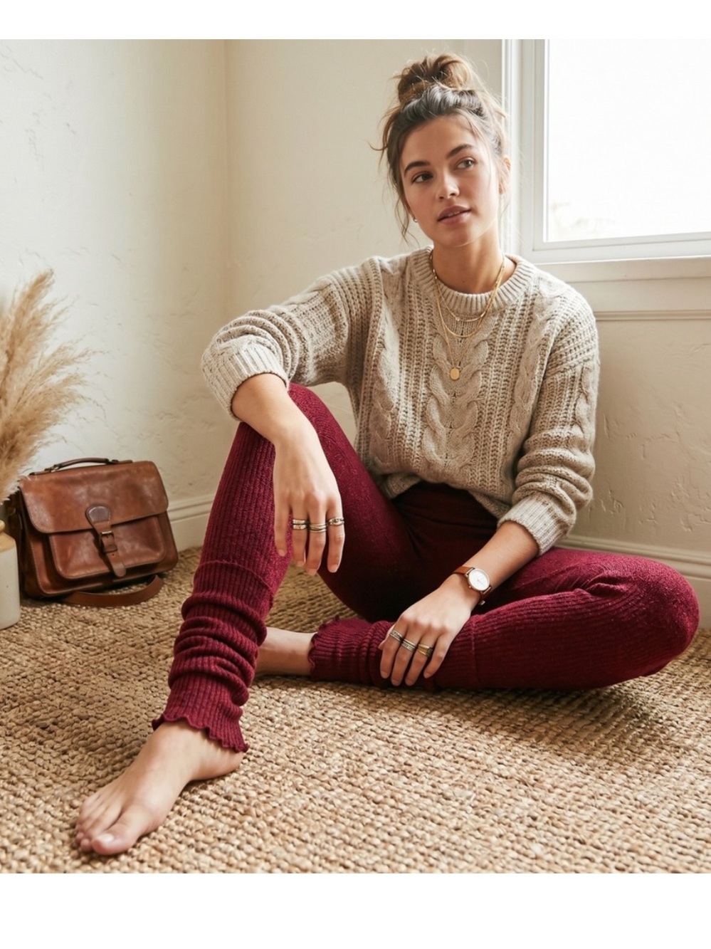 Free People Burgundy Ribbed Knit Lettuce Hem Ballet Leggings